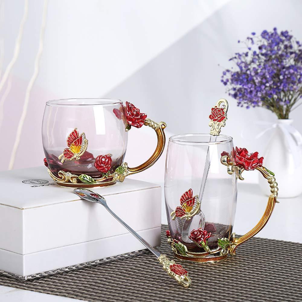 Handgemachte 3D Emaille Blumen Glas Kaffeetasse mit Löffel